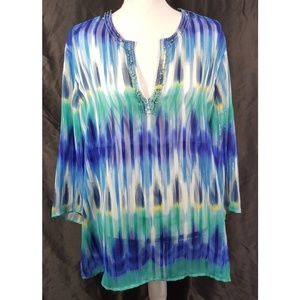 Chicos Size 3 Sheer Blouse 3/4 Sleeve Beaded Neck